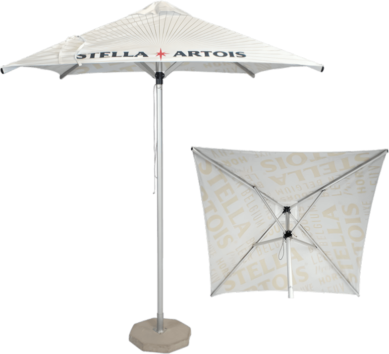 A white outdoor umbrella with "Stella Artois" branding, shown from both the front and back angles, featuring a metal pole and a square fabric canopy.