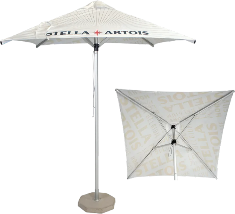 A white outdoor umbrella with "Stella Artois" branding, shown from both the front and back angles, featuring a metal pole and a square fabric canopy.
