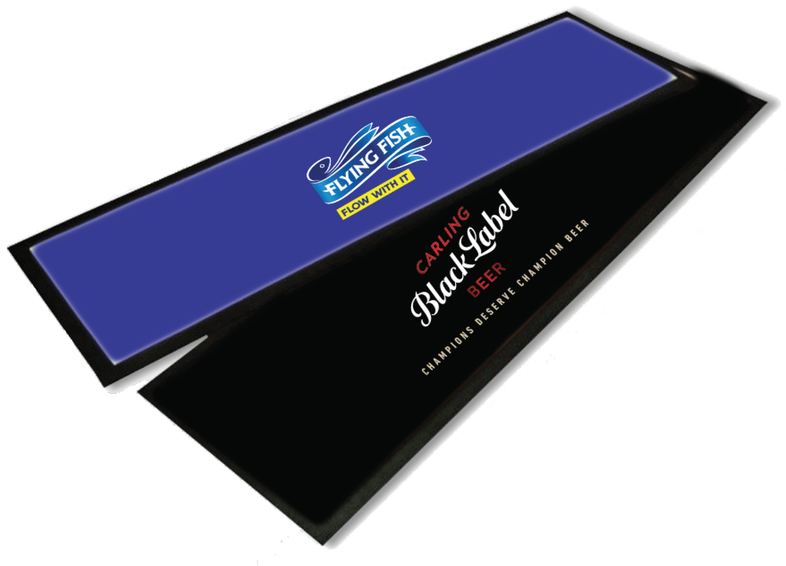 Two rectangular bar mats: one blue with "Flying Fish" branding, and one black with "Carling Black Label Beer" branding, overlapping each other.