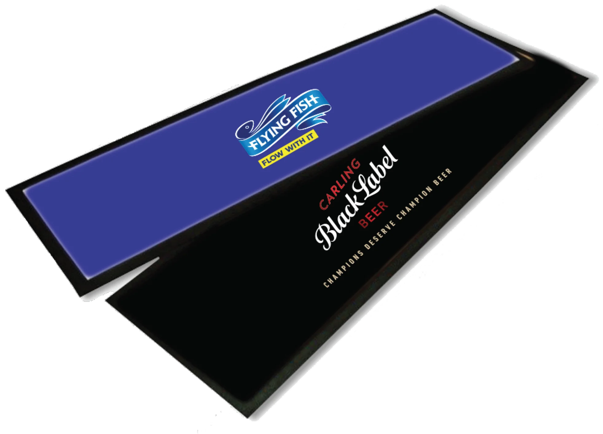Two rectangular bar mats: one blue with "Flying Fish" branding, and one black with "Carling Black Label Beer" branding, overlapping each other.