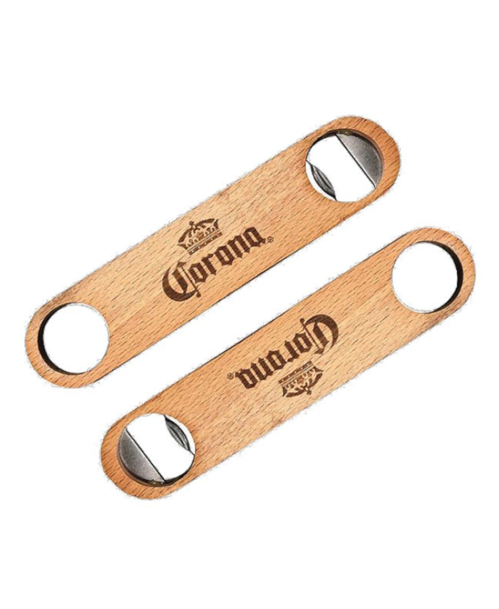 Two Bottle Opener With Wooden handle, each with a metal end and Corona branding printed in dark text.