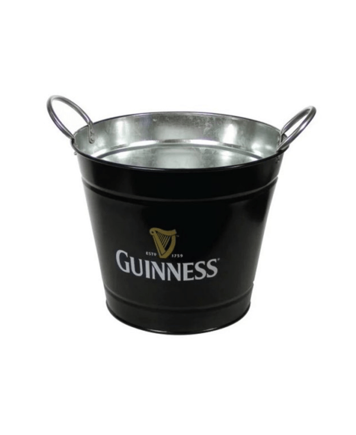 A Tin Ice Bucket featuring a black metal design, two side handles, and the Guinness logo printed on the front.