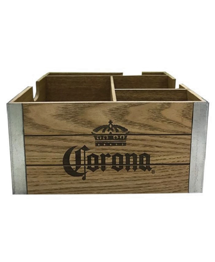 The Corona Wooden Bar Caddy is a wooden organizer with metal corners and multiple compartments, featuring the Corona branding.