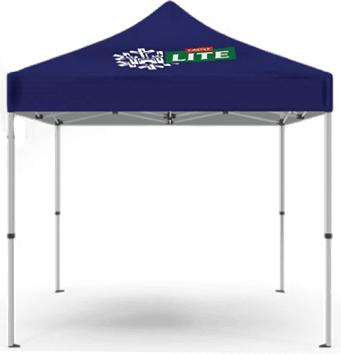 A blue canopy tent with a Miller Lite logo on the top, supported by four metal legs, shown against a white background.