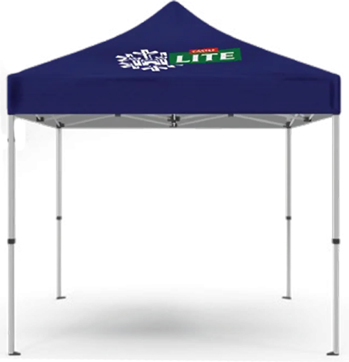 A blue canopy tent with a Miller Lite logo on the top, supported by four metal legs, shown against a white background.