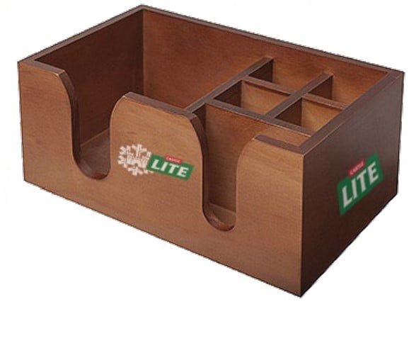 The Castle Lite Wooden Bar Caddy With Plastic Inside features multiple compartments and "LITE" logos on the front and side panels.