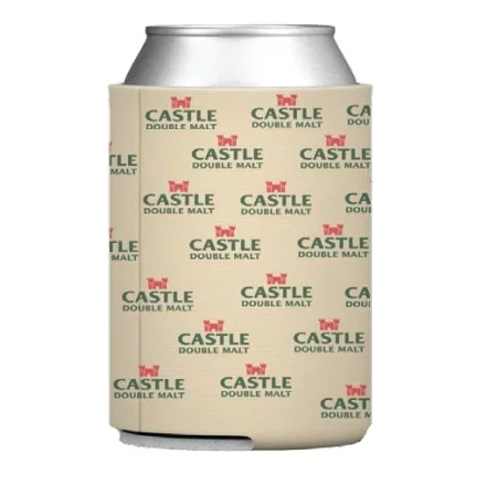 A silver can is wrapped in a beige Stubby Can Cooler featuring repeating red and green "Castle Double Malt" logos.