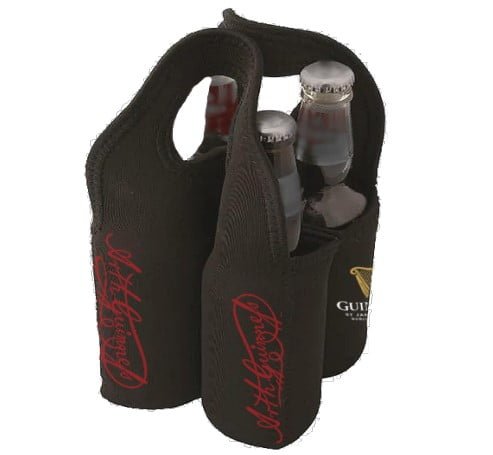 Two brown The Bottle Holder Carrier neoprene carriers, each holding three glass beer bottles with visible metal caps. Both feature red and gold logos plus convenient handles for easy carrying.