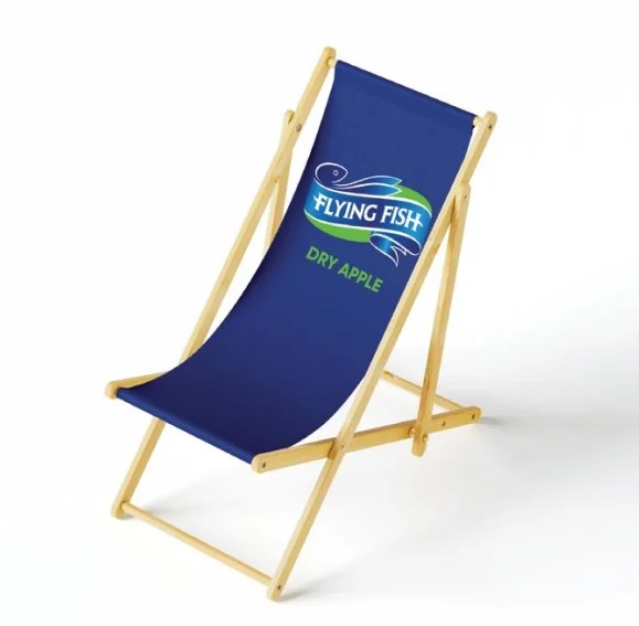 A Wooden Chair with a blue fabric seat featuring the "Flying Fish Dry Apple" logo and a stylized fish graphic.