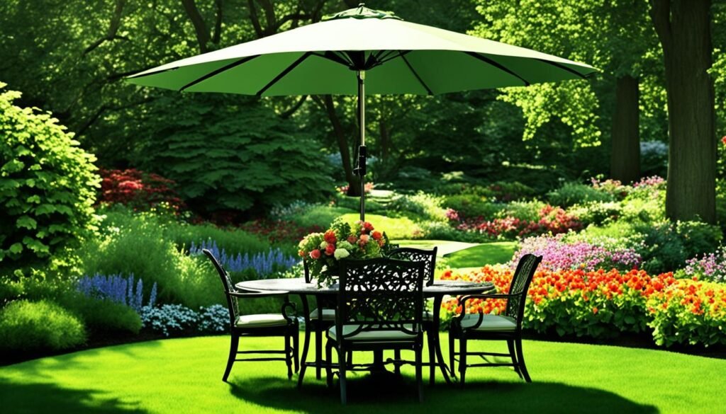 Centre pole umbrellas in a garden setting