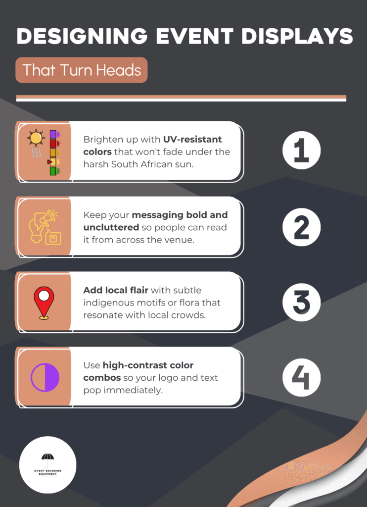 Infographic listing four tips for designing event displays, including UV-resistant colors, bold messaging, local flair, and high-contrast color combos, on a dark background with icons and numbered points.
