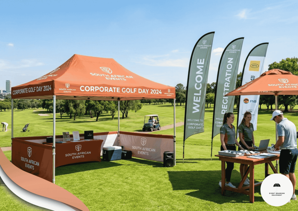 Outdoor golf event check-in area with a South African Events tent, welcome and registration flags, and staff assisting attendees at a table on a golf course.